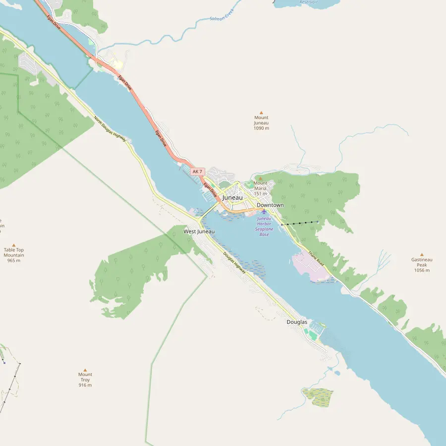 Map of Gastineau Channel with downtown Juneau, Overstreet Park, the Macaulay Salmon Hatchery and the Treadwell Glory Hole on Douglas Island