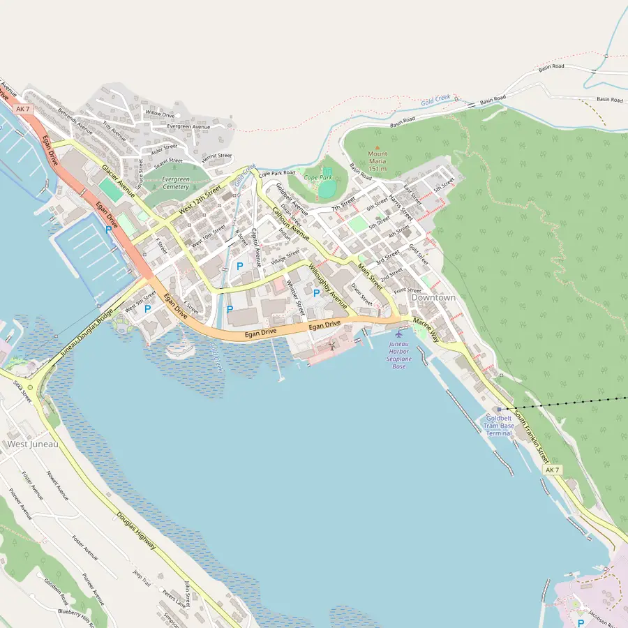 Map of downtown Juneau with the tram terminal, State Capitol, museums, St. Nicholas Church, the Governor's House and Overstreet Park
